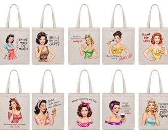Retro Housewife Cotton Tote Bag, Sassy Illustrated Designs, Lightweight Canvas Bag