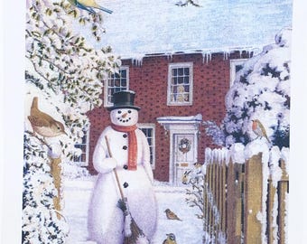 Snowman at the Farmhouse large cotton tea towel