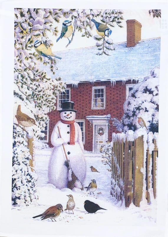 Snowman at the Farmhouse large cotton tea towel