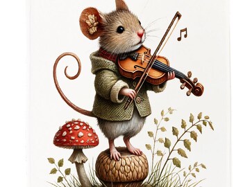 Mouse Playing Violin Cotton Tea Towel, White, 67 x 45cm with Hanging Loop