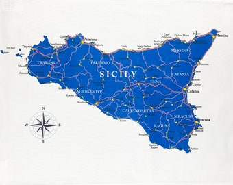 Map of Sicily  large cotton tea towel