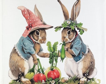 The Gardening Rabbits large cotton tea towel
