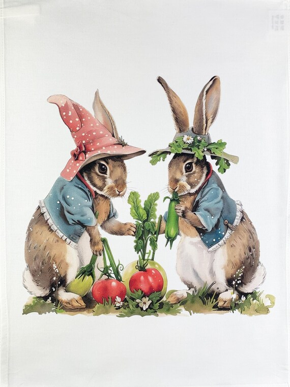 The Gardening Rabbits large cotton tea towel