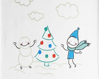 New Year Snowman and Friend around the tree - Large Cotton Tea Towel