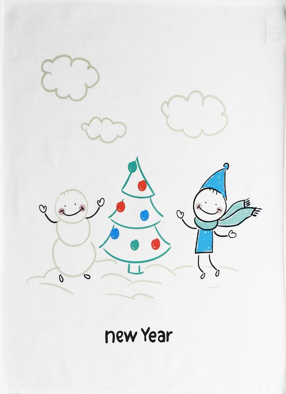 New Year Snowman and Friend around the tree - Large Cotton Tea Towel