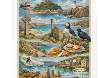 Cornwall Landmarks Tea Towel – Coastal Illustration, St Michael’s Mount, Minack Theatre, Surf & Scenery