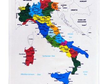 Colourful Map of Italy showing the regions and major cities- Large Cotton Tea Towel