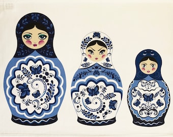 The Blue Russian Dolls (Matryoshka) Large Cotton Tea Towel