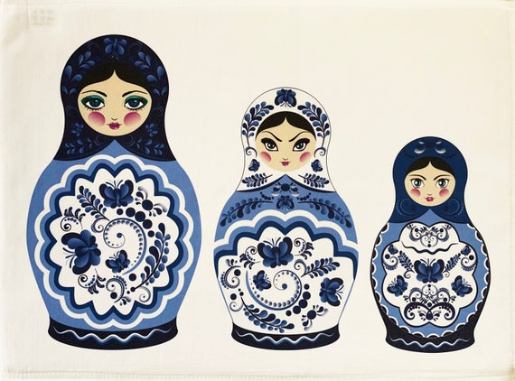 The Blue Russian Dolls (Matryoshka) Large Cotton Tea Towel