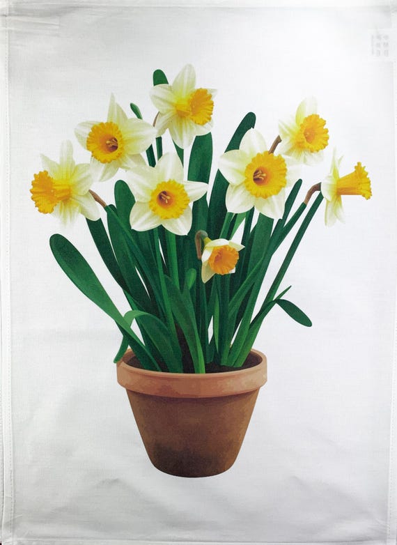 Pot of Spring Daffodils large cotton tea towel