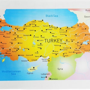 Colourful Map of Turkey- Large Cotton Tea Towel