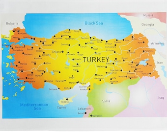 Colourful Map of Turkey- Large Cotton Tea Towel