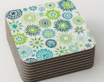 Floral Mandala Cork Drink Coasters, Square, 9.5 x 9.5 Centimetres, Blue and Green, Set of 4