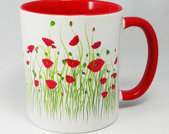 Field of Poppies Mug with glazed red handle and inner