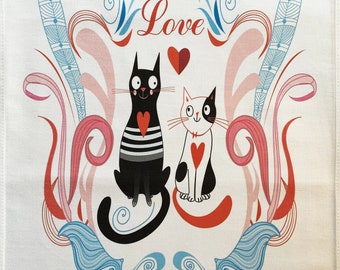 The Loving Cat Couple - large cotton Tea Towel