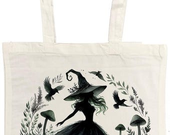 Cotton Tote Bag with Witch in the Woods Design, 38 x 42 cm, assorted designs