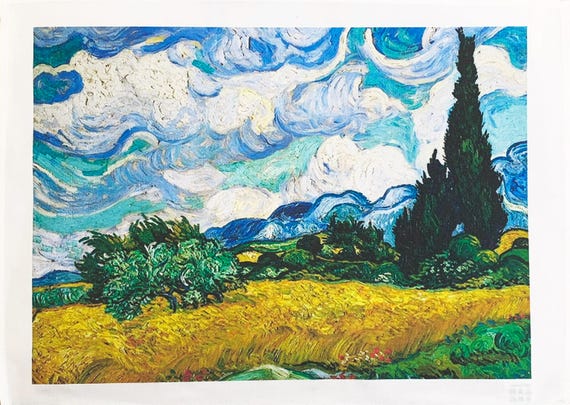 Wheatfields with Cypresses large cotton tea towel
