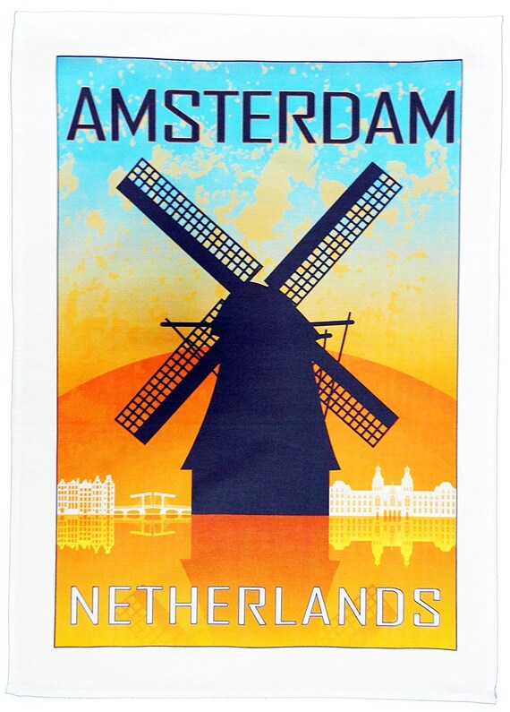 Vintage Style Amsterdam and Windmill - Large Cotton Tea Towel by Half a Donkey