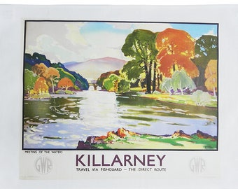 Killarney, meeting of the waters - Retro Style Travel Poster Large Cotton Tea Towel