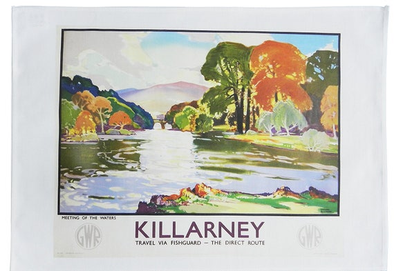 Killarney, meeting of the waters - Retro Style Travel Poster Large Cotton Tea Towel