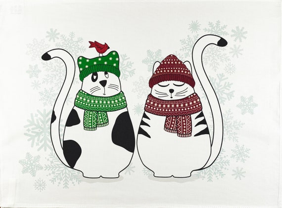 The Winter Cats Couple - Large Cotton Tea Towel