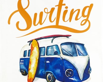 Surfboard on a Camper Van - Large Cotton Tea Towel