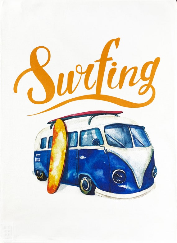 Surfboard on a Camper Van - Large Cotton Tea Towel