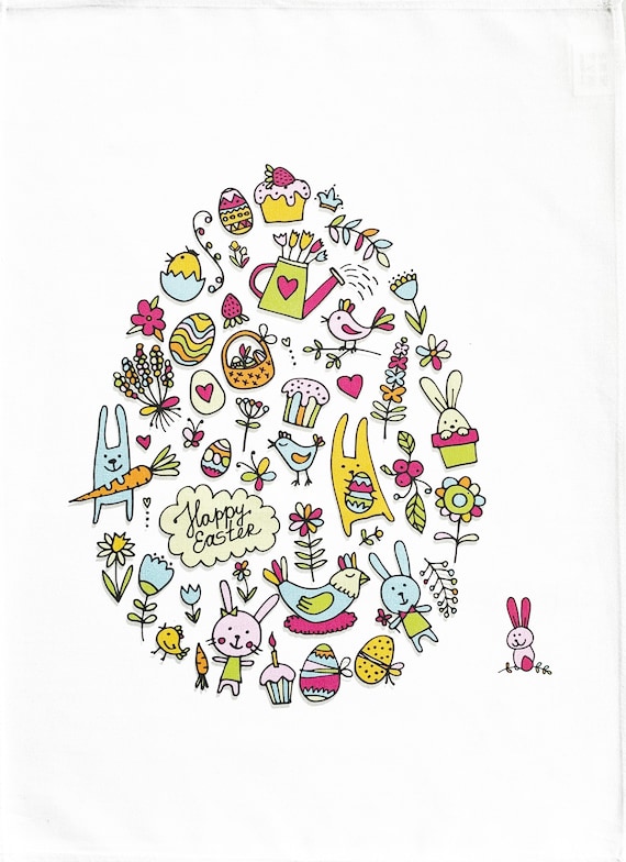 Happy Easter - Bunny and Eggs Design Large Cotton Tea Towel