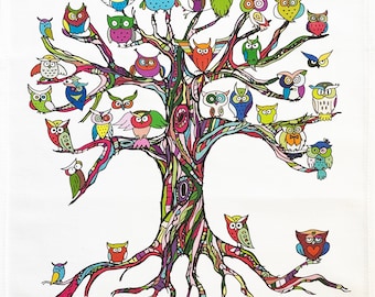 The Colourful Tree of Owls - Large Cotton Tea Towel