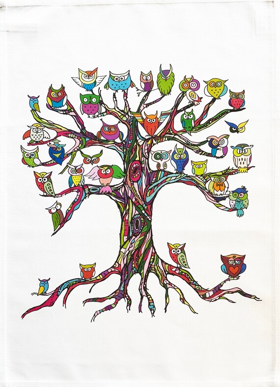 The Colourful Tree of Owls - Large Cotton Tea Towel