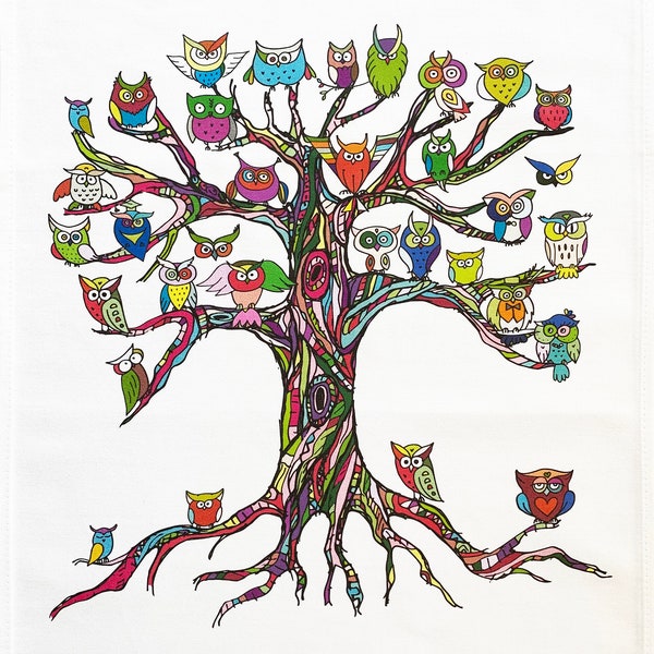 The Colourful Tree of Owls - Large Cotton Tea Towel