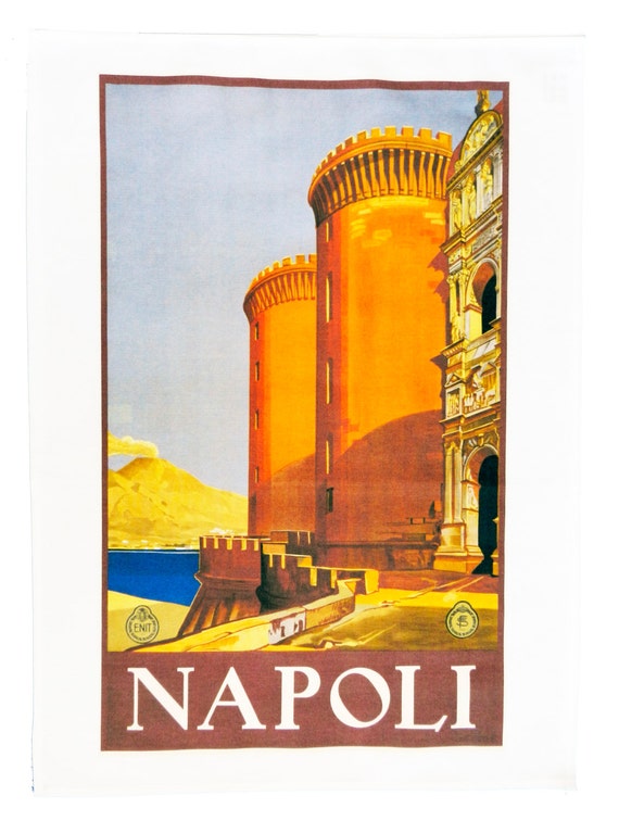 Napoli (Naples) - Retro Style Travel Poster Large Cotton Tea Towel