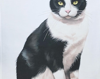 Black and White Cat large cotton tea towel