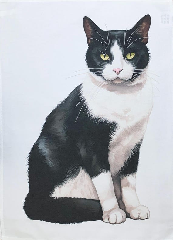 Black and White Cat large cotton tea towel