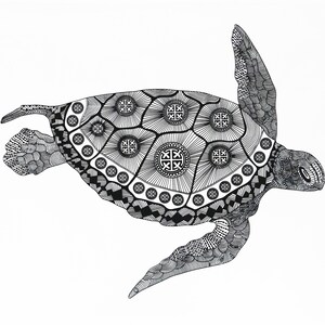 May include: Detailed black and white illustration of a sea turtle. The turtle's shell features intricate geometric patterns and circular designs. The artwork is set against a plain white background, highlighting the detailed linework.