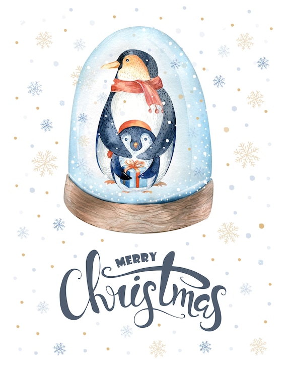 Merry Christmas Penguins in a Snowglobe - Large Tea Towel