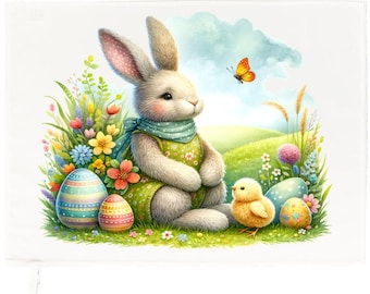 Easter Bunny amongst the eggs Cotton Tea Towel, White, 65 x 47 cm