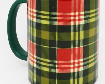 Traditional Green Scottish Tartan Mug with Glazed Green Handle and Inner
