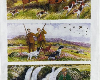Hand Drawn Country Life Pursuits Large Cotton Tea Towel