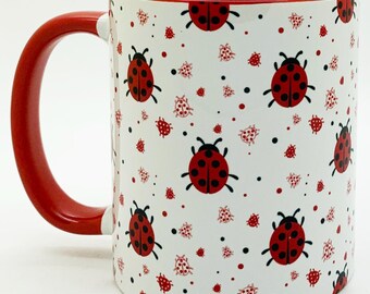 The Red Ladybird Mug with red Glazed Handle and Inner