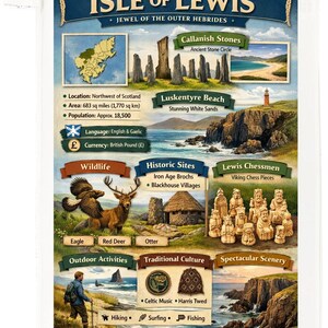 May include: A colorful travel poster for the Isle of Lewis, featuring scenic views, historical sites, and wildlife. The poster includes text about the location, area, and population. It also highlights outdoor activities and traditional culture.