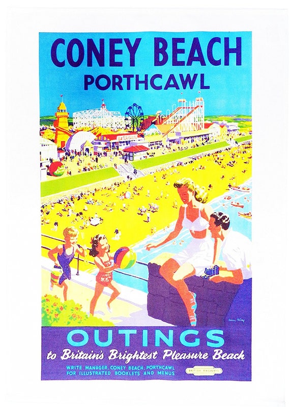 Coney Beach - Porthcawl - Retro Style Travel Poster Large Cotton Tea Towel