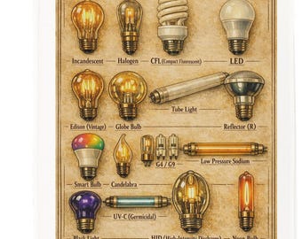 Types of Light Bulbs Cotton Tea Towel – Illustrated Lighting Guide