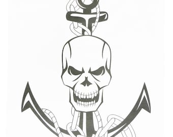 Skull and Anchor Tattoo Design Large Cotton Tea Towel