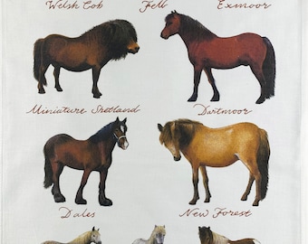 Hand Drawn Ponies Collection Large Cotton Tea Towel