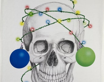 From the Skullery. Festive Skull with lights and baubles Large Cotton Tea Towel