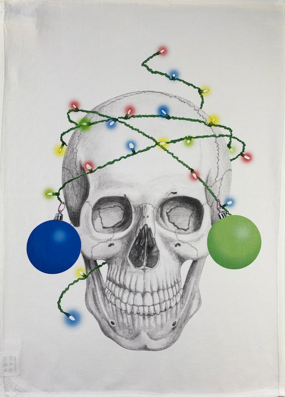From the Skullery. Festive Skull with lights and baubles Large Cotton Tea Towel