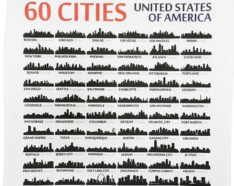 60 USA Cities in Silhouette Skyline Form - Large Cotton Tea Towel