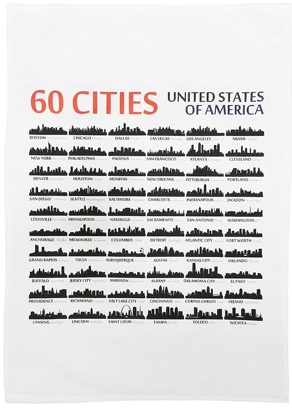 60 USA Cities in Silhouette Skyline Form - Large Cotton Tea Towel