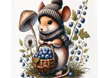 Mouse with the blueberries Cotton Tea Towel, White, 67 x 45cm with Hanging Loop